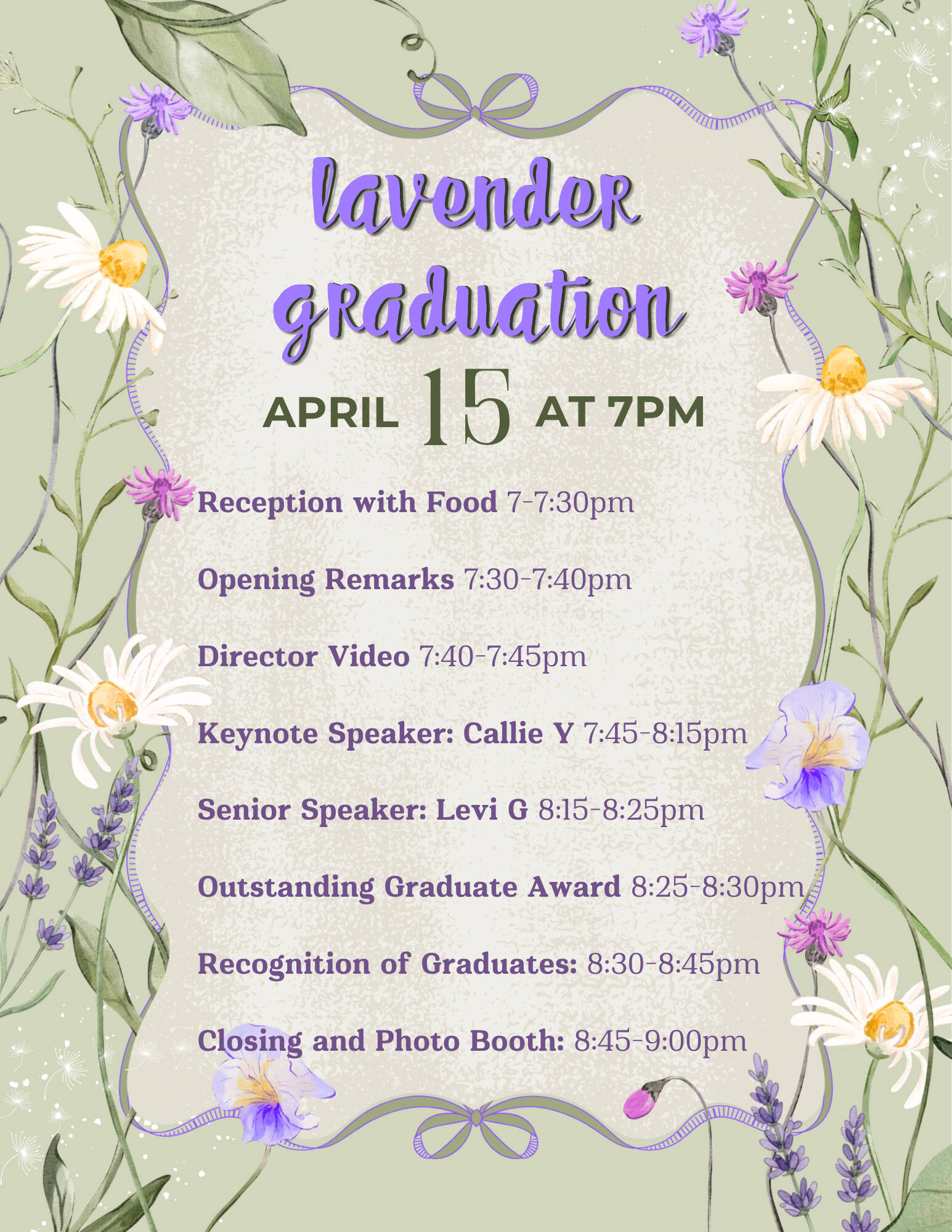 Lav Grad schedule 2026: reception and food, opening remarks, director video, keynote, senior speaker, outstanding grad award, recognizing grads, closing and photo booth